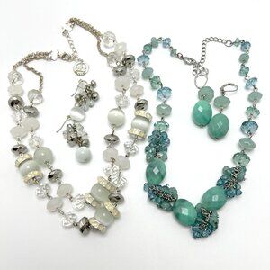 White Silver Beads Trifari Necklace Earrings and Aqua Silver Necklace Earrings